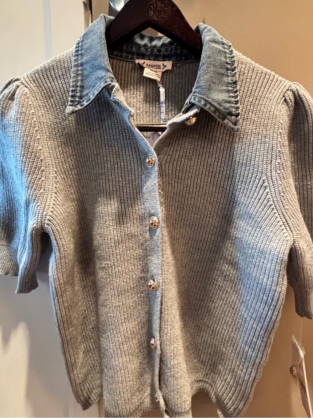 Nanette Lepore Gray Ribbed Knit Cardigan with Denim Collar